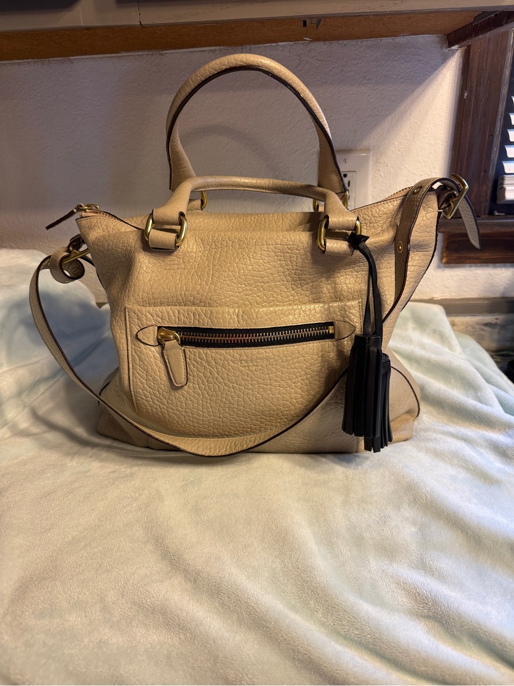 Coach Cream Pebbled Leather Tote with Black Tassel
